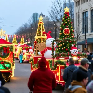 Festive scene from the Bowling Green Christmas Parade with colorful floats.