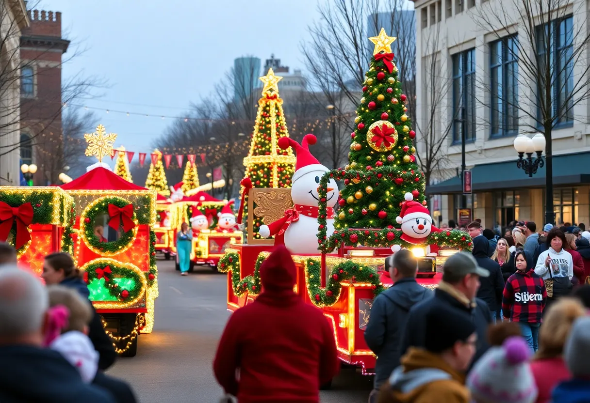 Festive scene from the Bowling Green Christmas Parade with colorful floats.