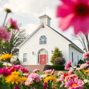 Community church with flowers representing service and faith