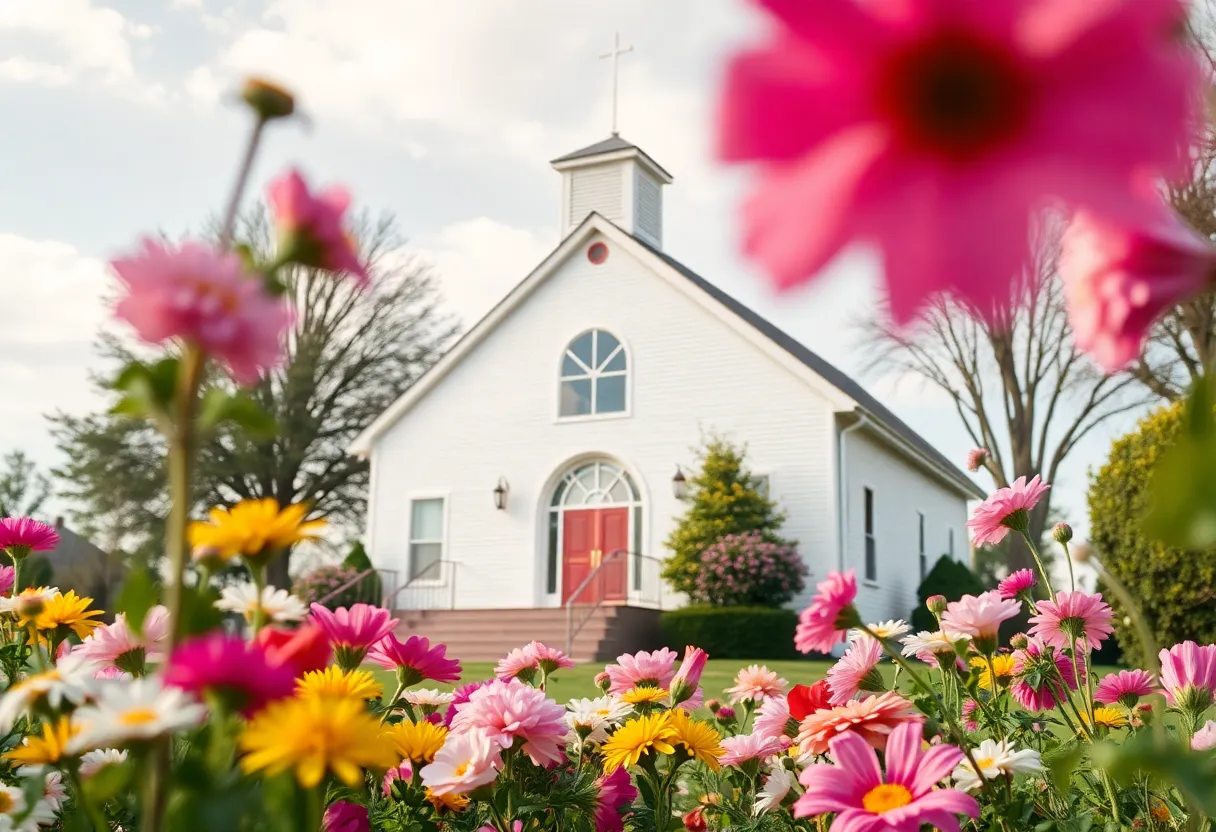Community church with flowers representing service and faith