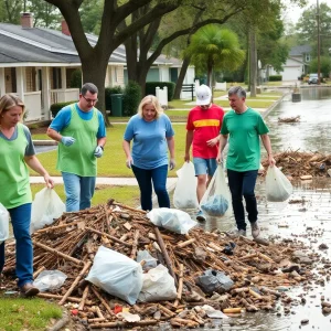 Volunteers cleaning up a flooded street in Bowling Green