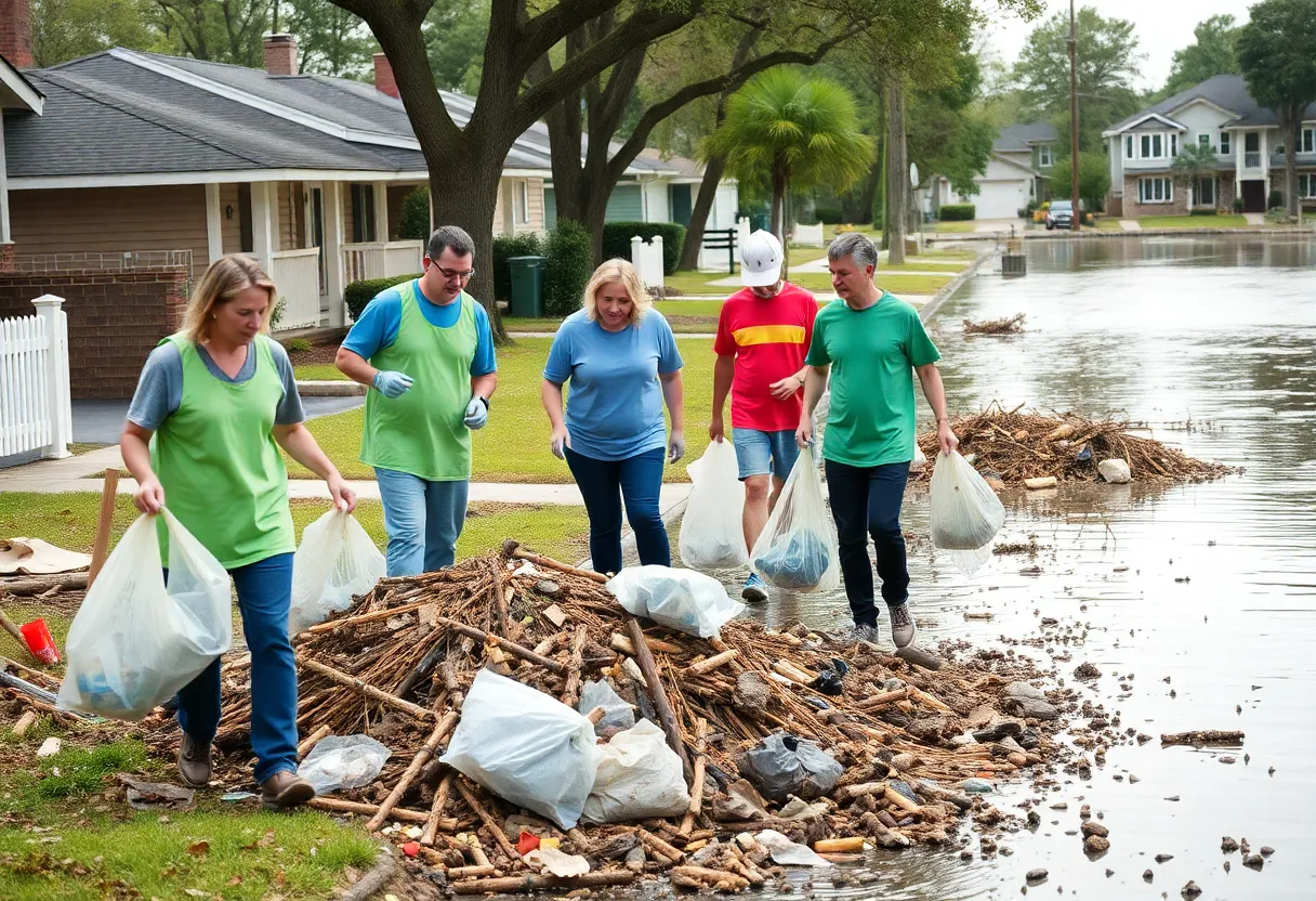 Volunteers cleaning up a flooded street in Bowling Green