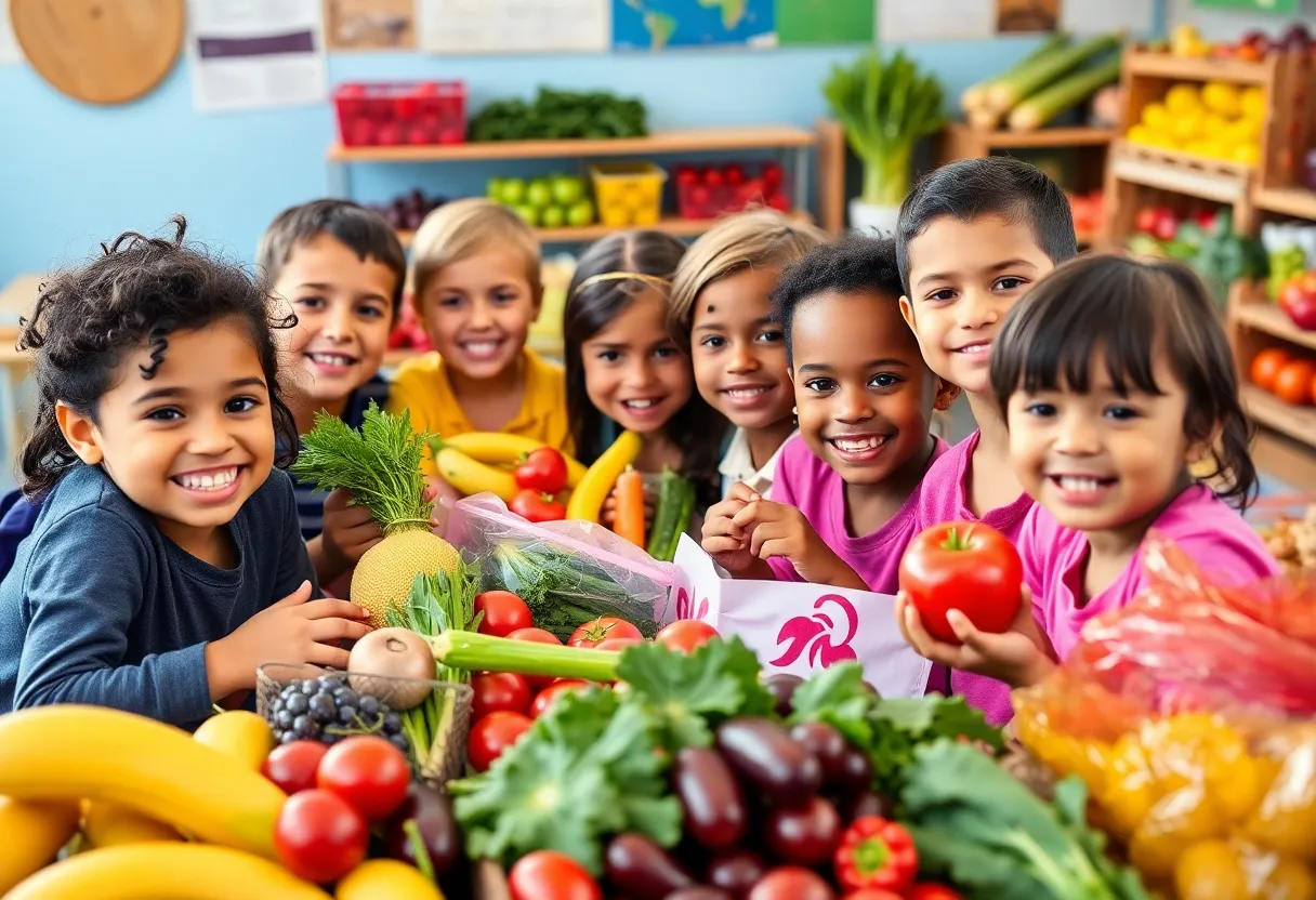 Children enjoying healthy snacks of fresh fruits and vegetables