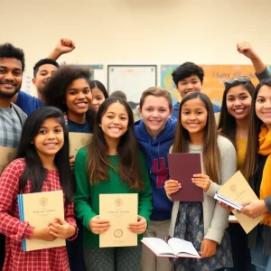 Group of high school students celebrating academic achievement