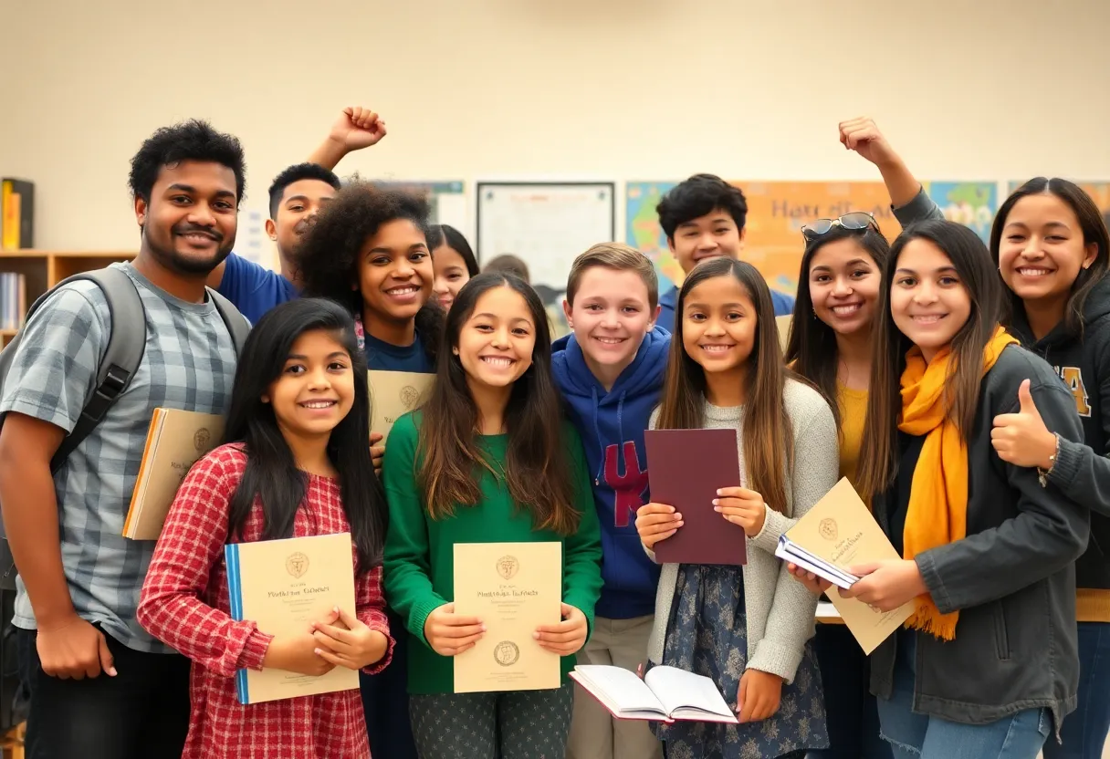 Group of high school students celebrating academic achievement