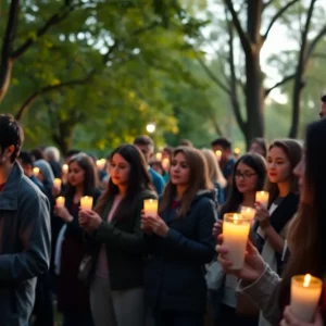 Community members holding candles at a vigil