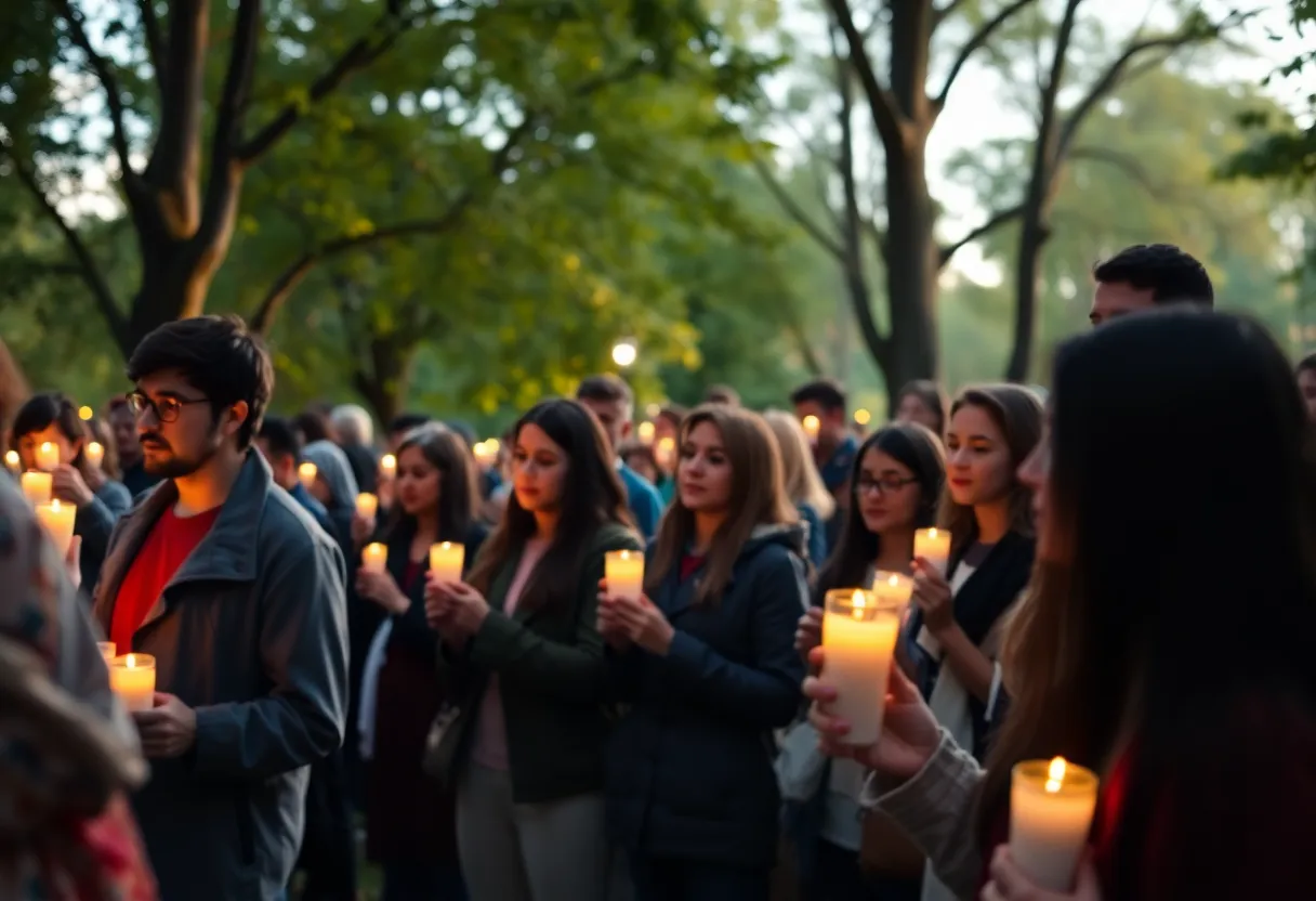 Community members holding candles at a vigil