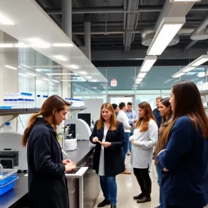 Biotechnology laboratory featuring students and researchers collaborating.