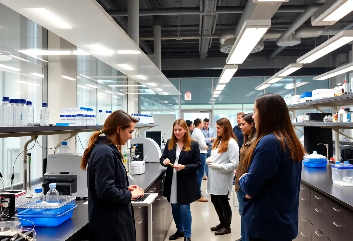Biotechnology laboratory featuring students and researchers collaborating.