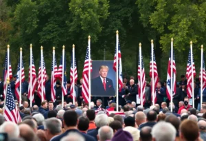 Flags at half-staff during a memorial for Charlie Kirk.