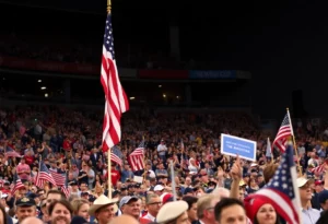 Crowd gathered at a memorial event with patriotic displays.