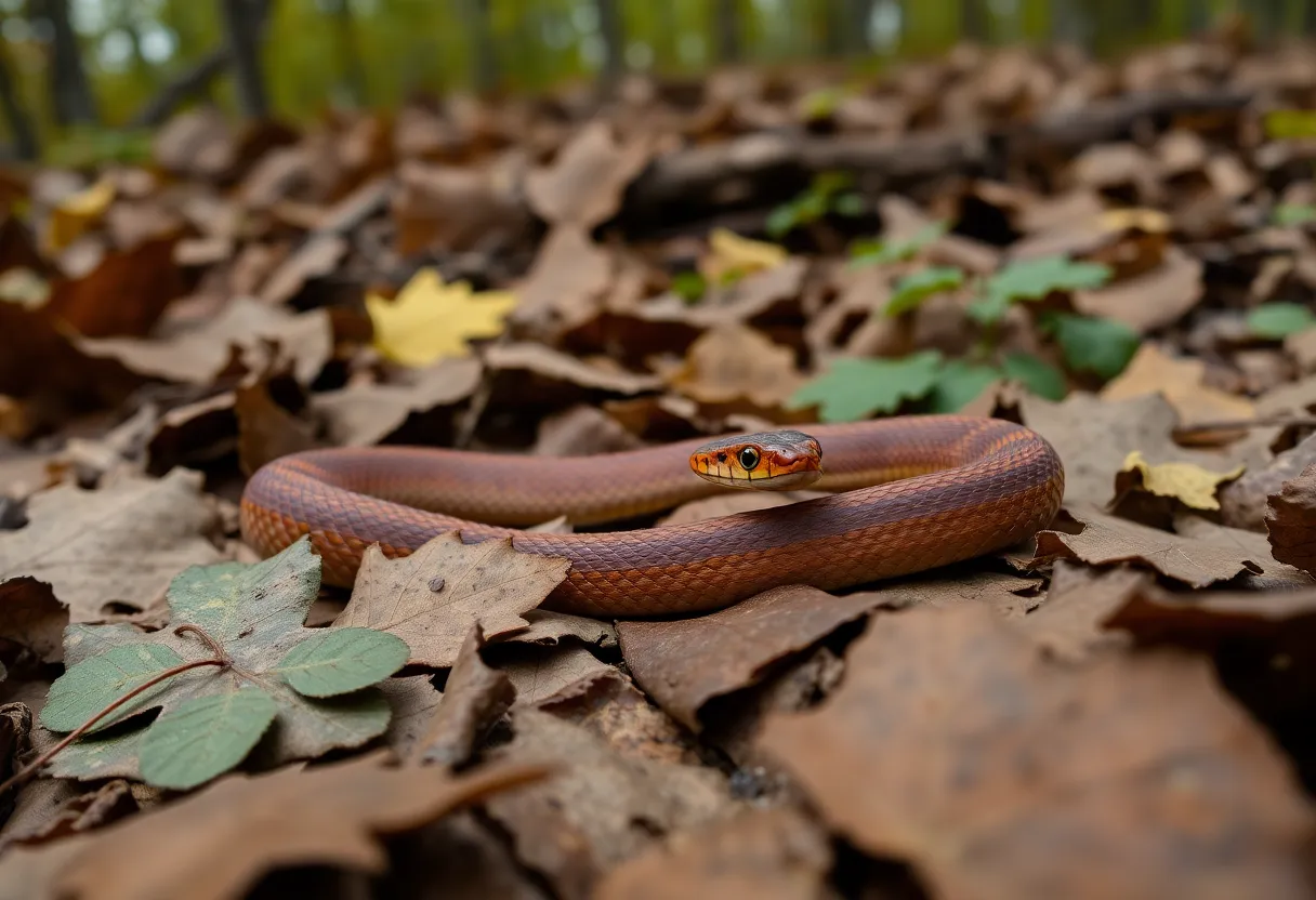Copperhead snake blending with autumn leaves in Bowling Green
