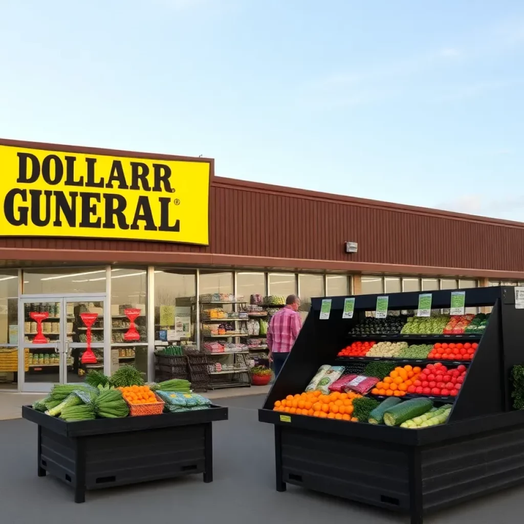 Exterior of a Dollar General store with fresh produce displays