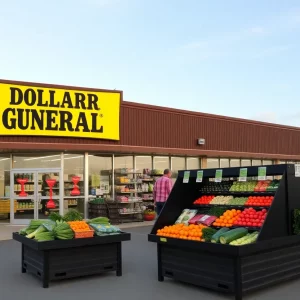 Exterior of a Dollar General store with fresh produce displays