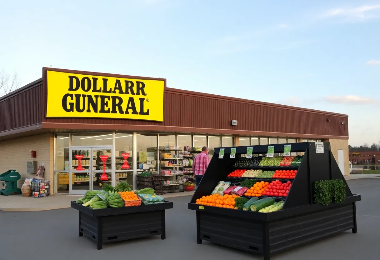 Exterior of a Dollar General store with fresh produce displays
