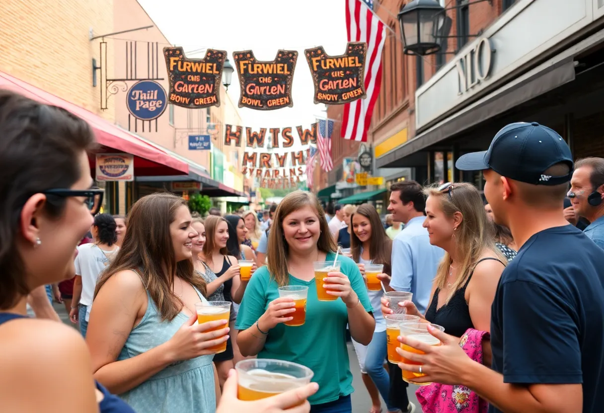 People enjoying drinks in Fountain Row district in Bowling Green, KY