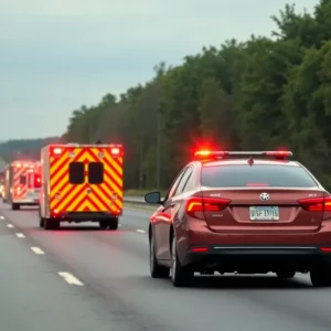 Scene depicting a tragic highway accident involving emergency response units.