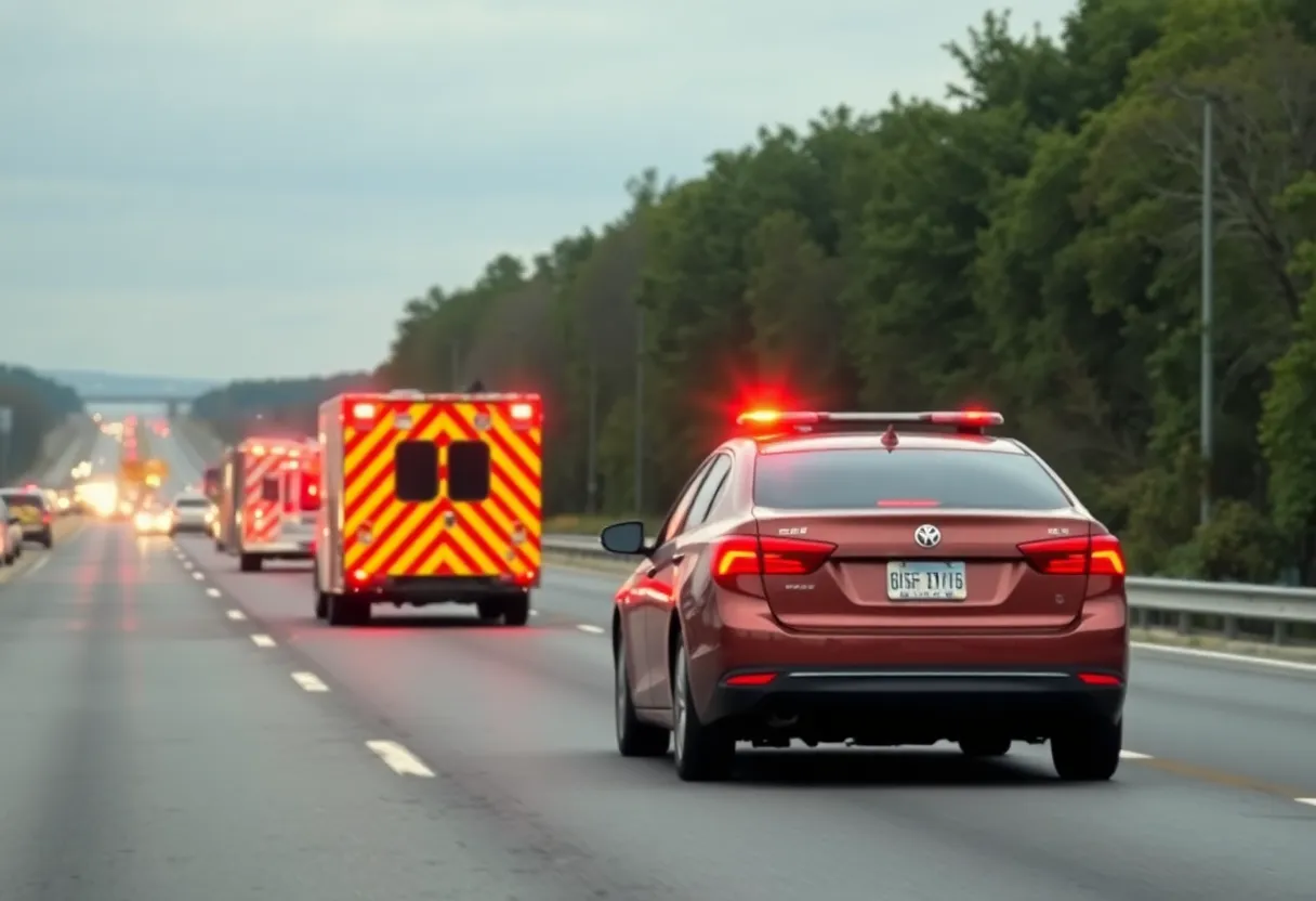 Scene depicting a tragic highway accident involving emergency response units.
