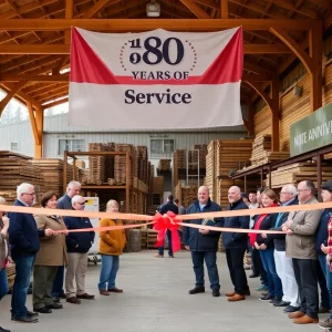 Celebration at Hill-Motley Lumber's 80th anniversary with community members and decorations.