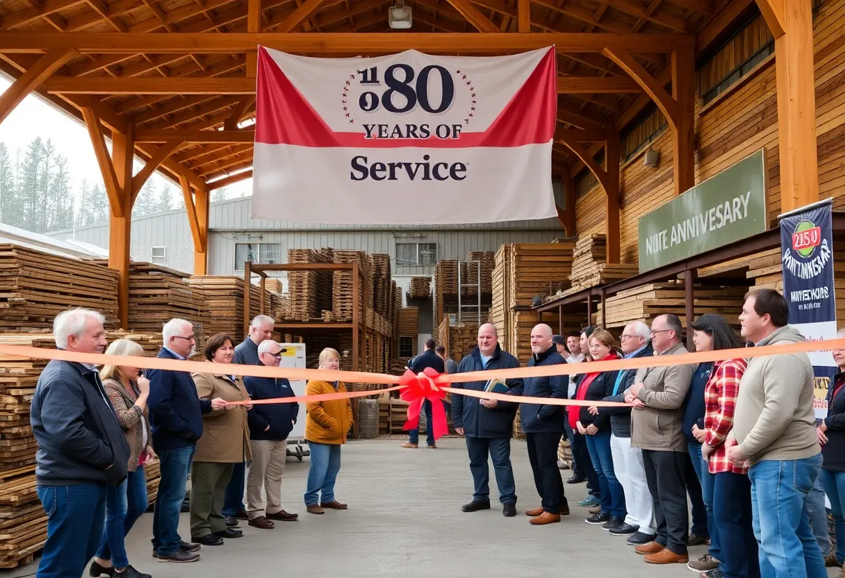 Celebration at Hill-Motley Lumber's 80th anniversary with community members and decorations.