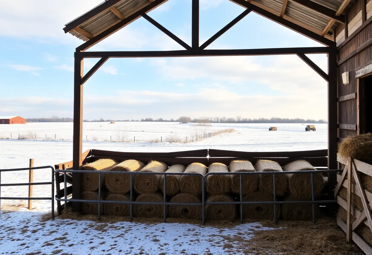 Neatly stacked hay bales in a horse barn during winter