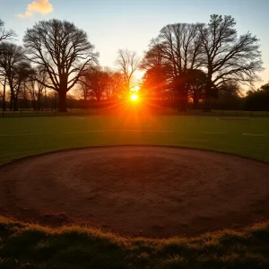 A horseshoe pitching court at sunrise, representing community legacy.