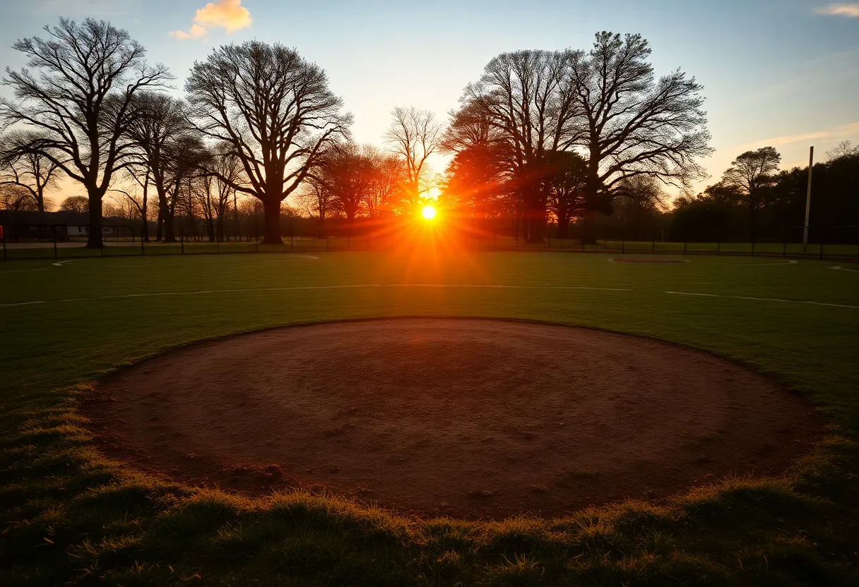 A horseshoe pitching court at sunrise, representing community legacy.