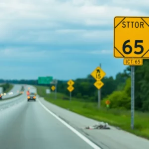 View of Interstate 65 with safety signs and blurred traffic.