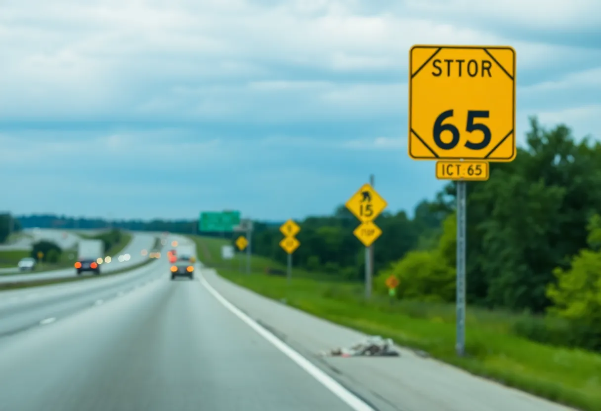 View of Interstate 65 with safety signs and blurred traffic.