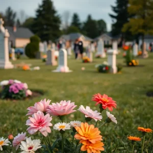 Cemetery with flowers, symbolizing remembrance and community support.