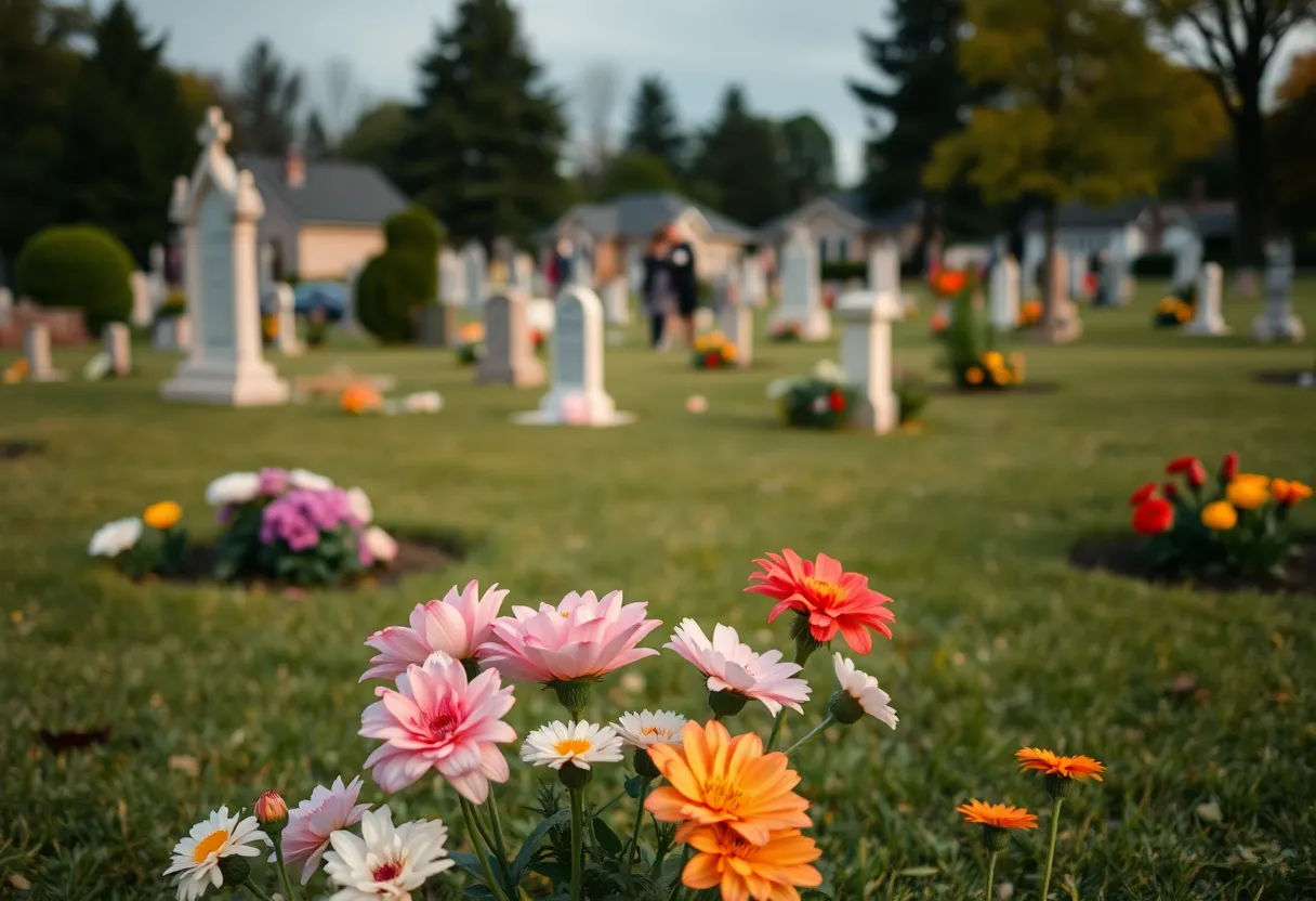 Cemetery with flowers, symbolizing remembrance and community support.