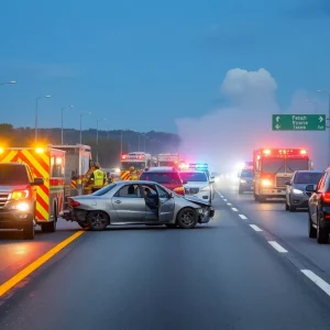 Traffic accident scene on an interstate with emergency responders and damaged vehicles