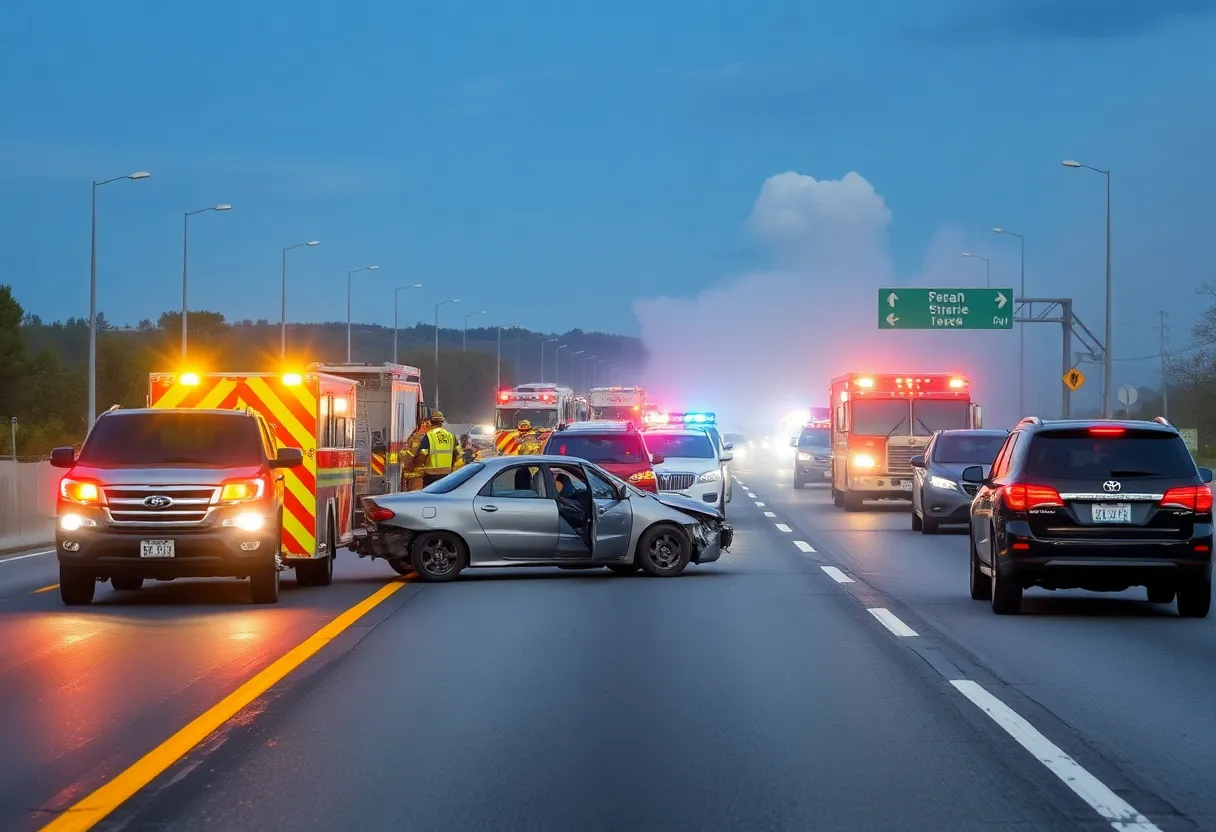 Traffic accident scene on an interstate with emergency responders and damaged vehicles