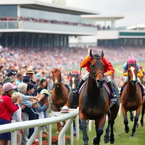 Horses racing at Kentucky Downs with enthusiastic crowd
