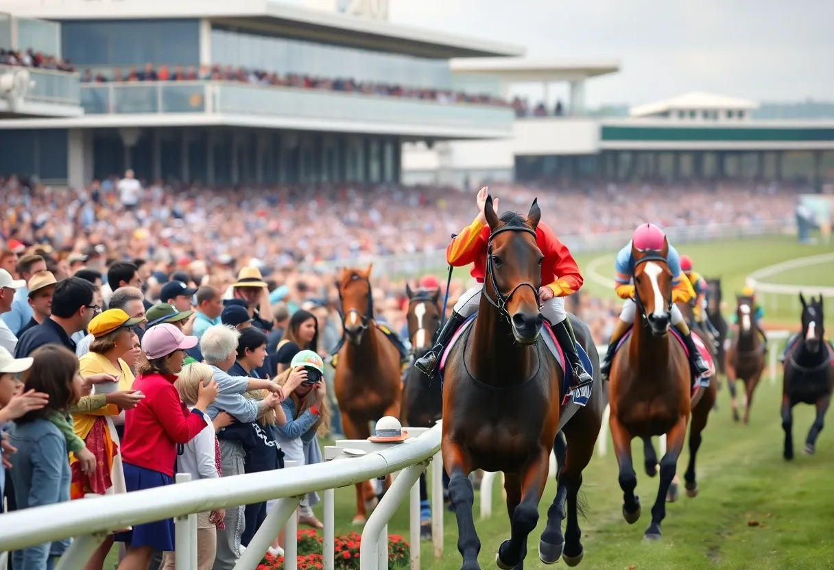 Horses racing at Kentucky Downs with enthusiastic crowd