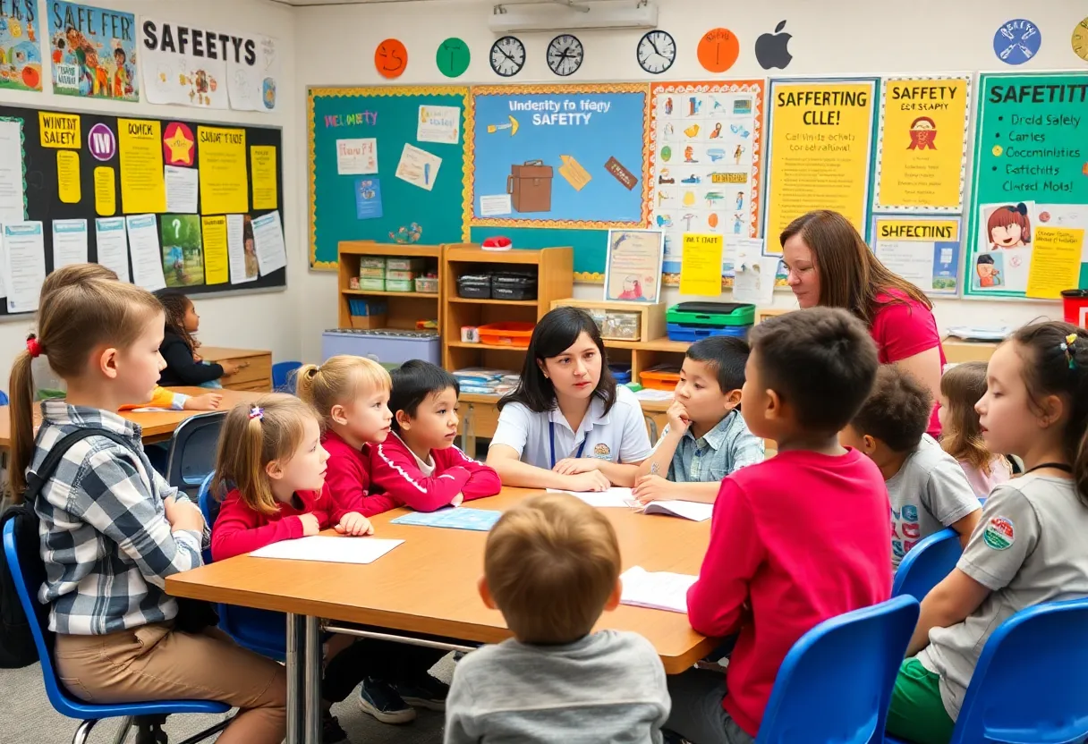 Children and teachers discussing safety at school