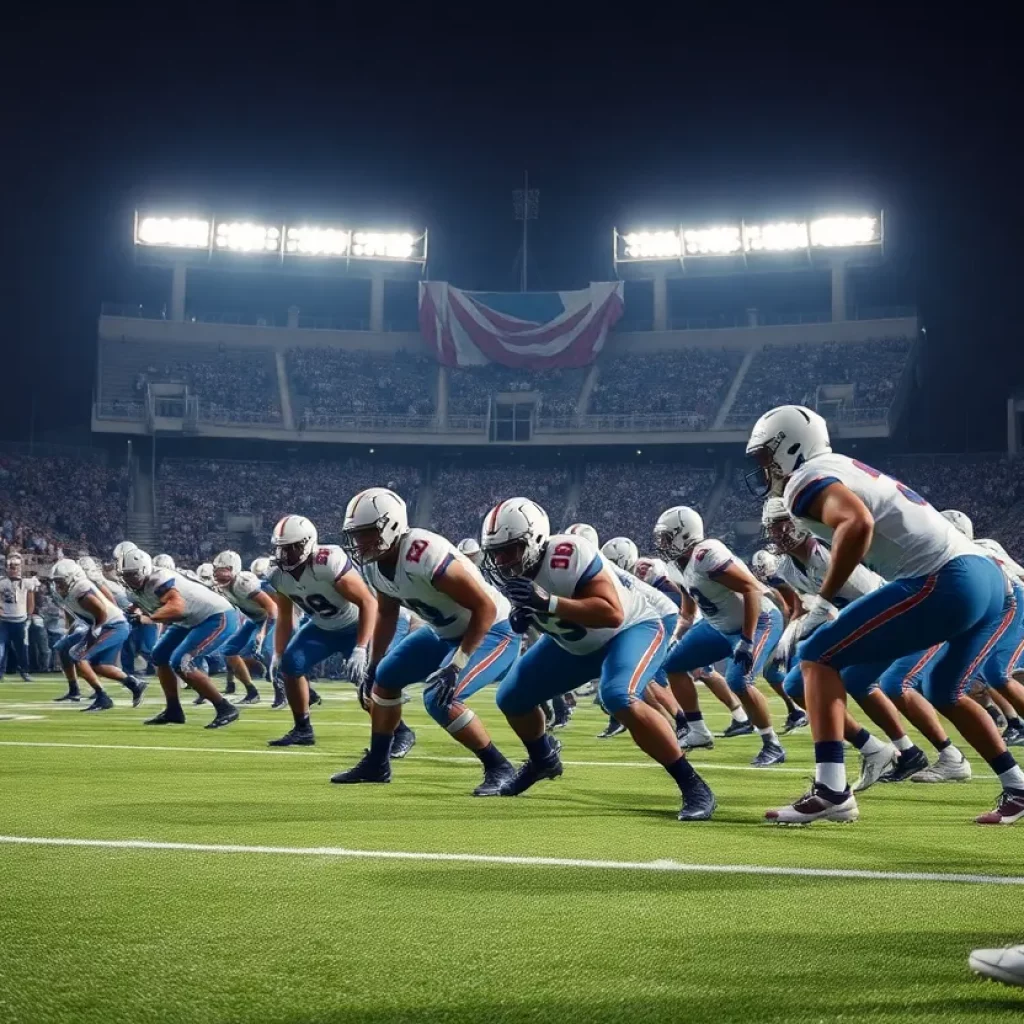 Defensive players of Louisville football team preparing on the field