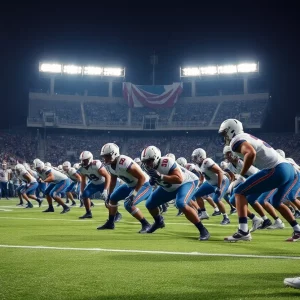 Defensive players of Louisville football team preparing on the field