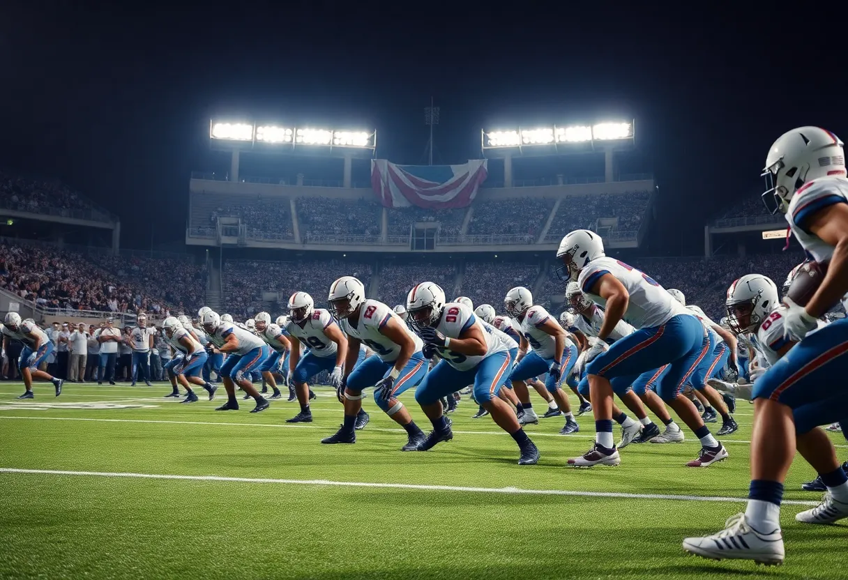 Defensive players of Louisville football team preparing on the field