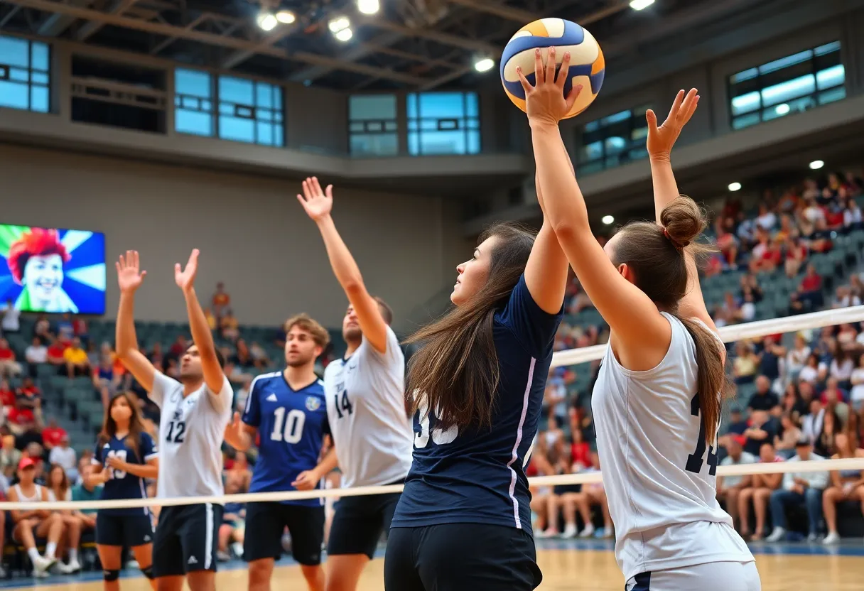 Louisville volleyball team during a match at KFC Yum! Center