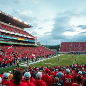 College football fans cheering in L&N Stadium during Louisville vs Bowling Green game
