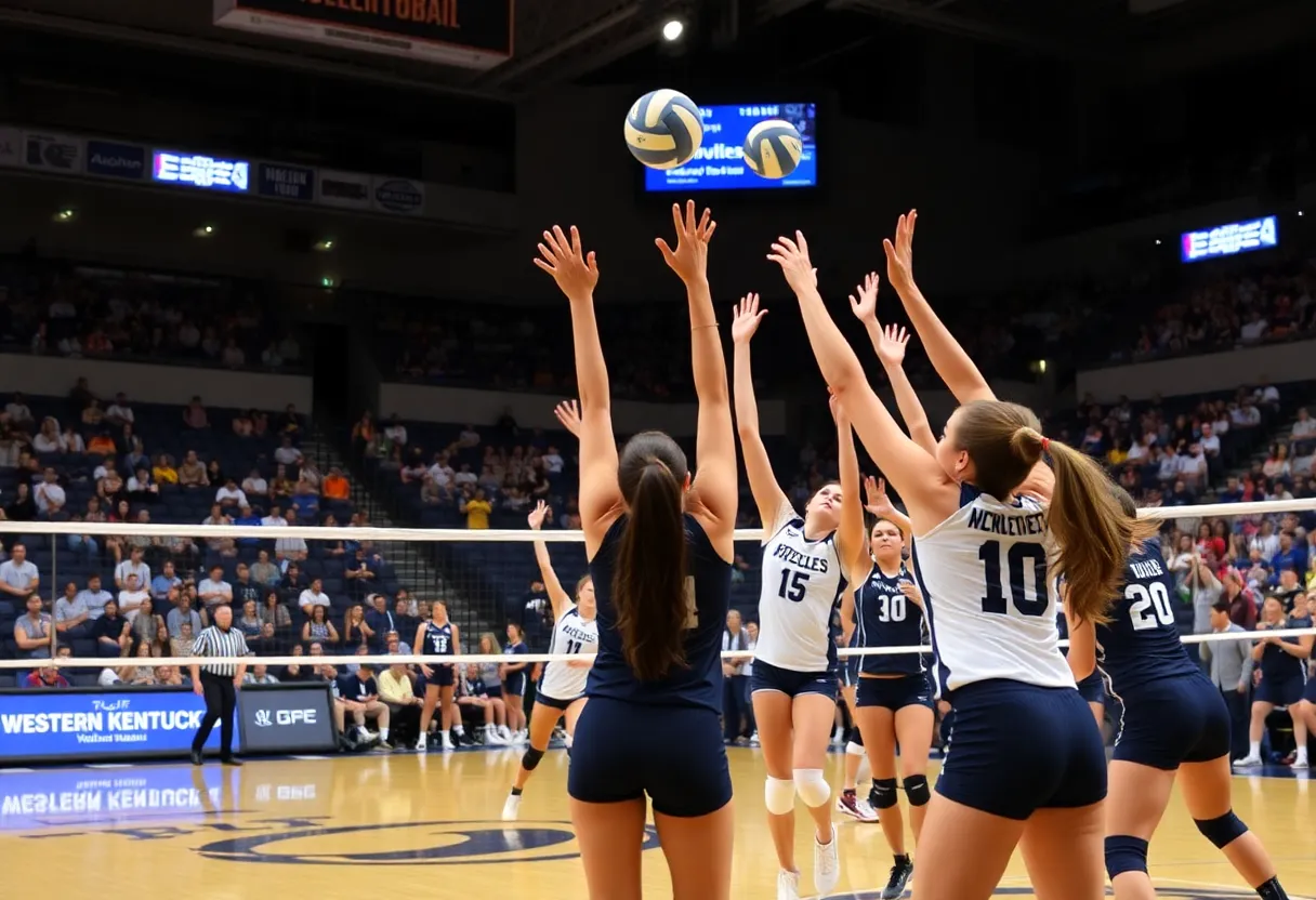 Marquette Golden Eagles volleyball team celebrating a win against WKU.