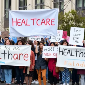 Demonstrators holding signs at a rally for healthcare rights in Kentucky