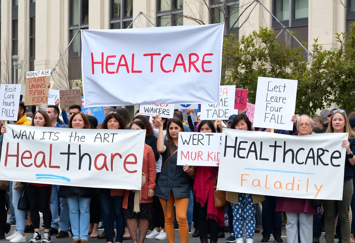 Demonstrators holding signs at a rally for healthcare rights in Kentucky