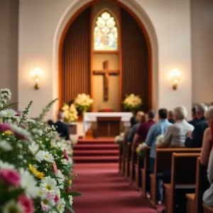 Memorial service setting with flowers and soft lighting
