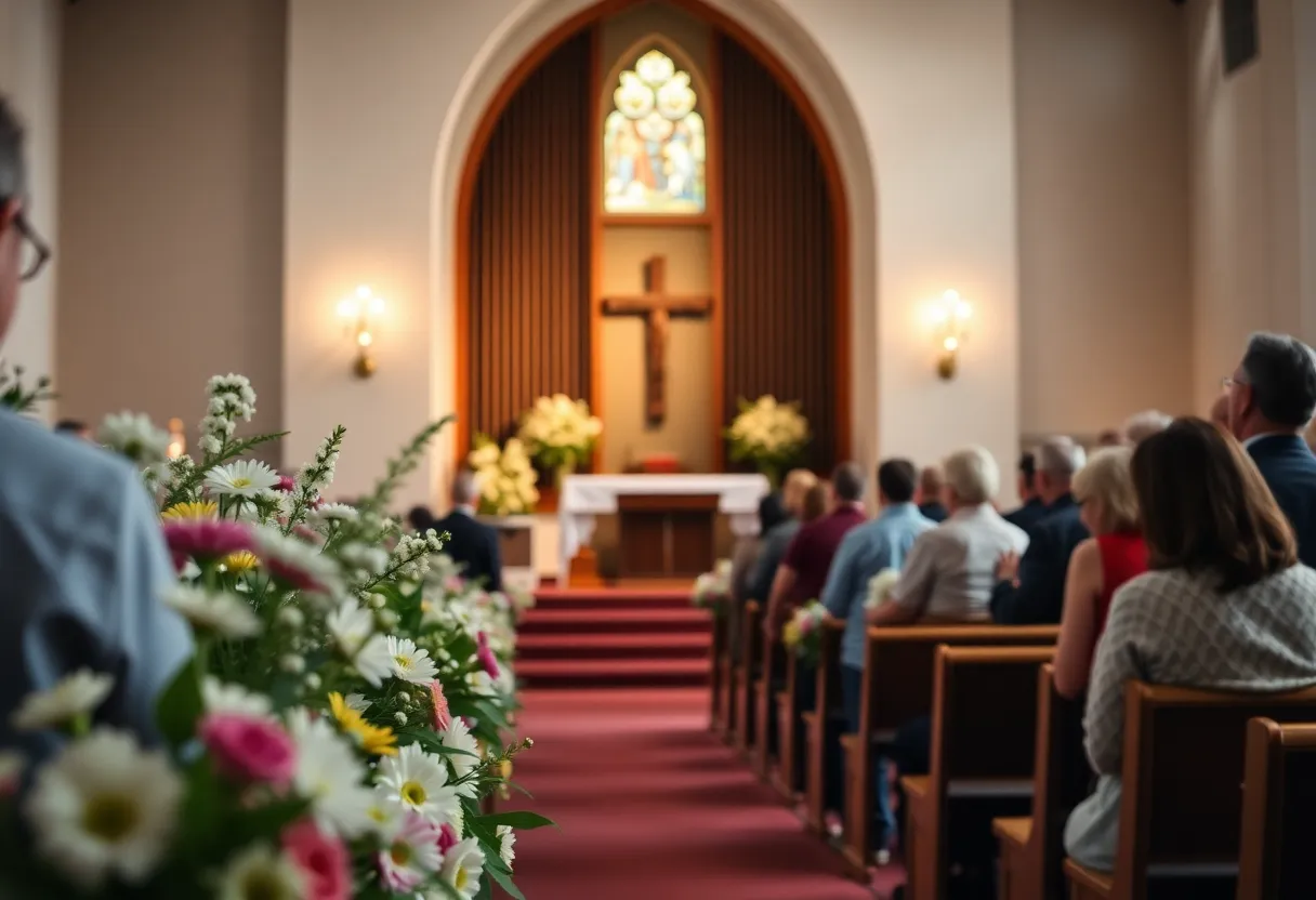 Memorial service setting with flowers and soft lighting