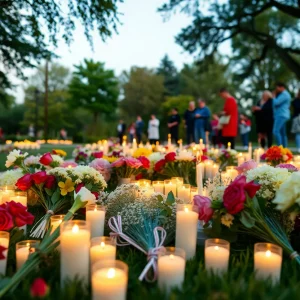 Community members gathered in a park to remember beloved residents with flowers and candles.