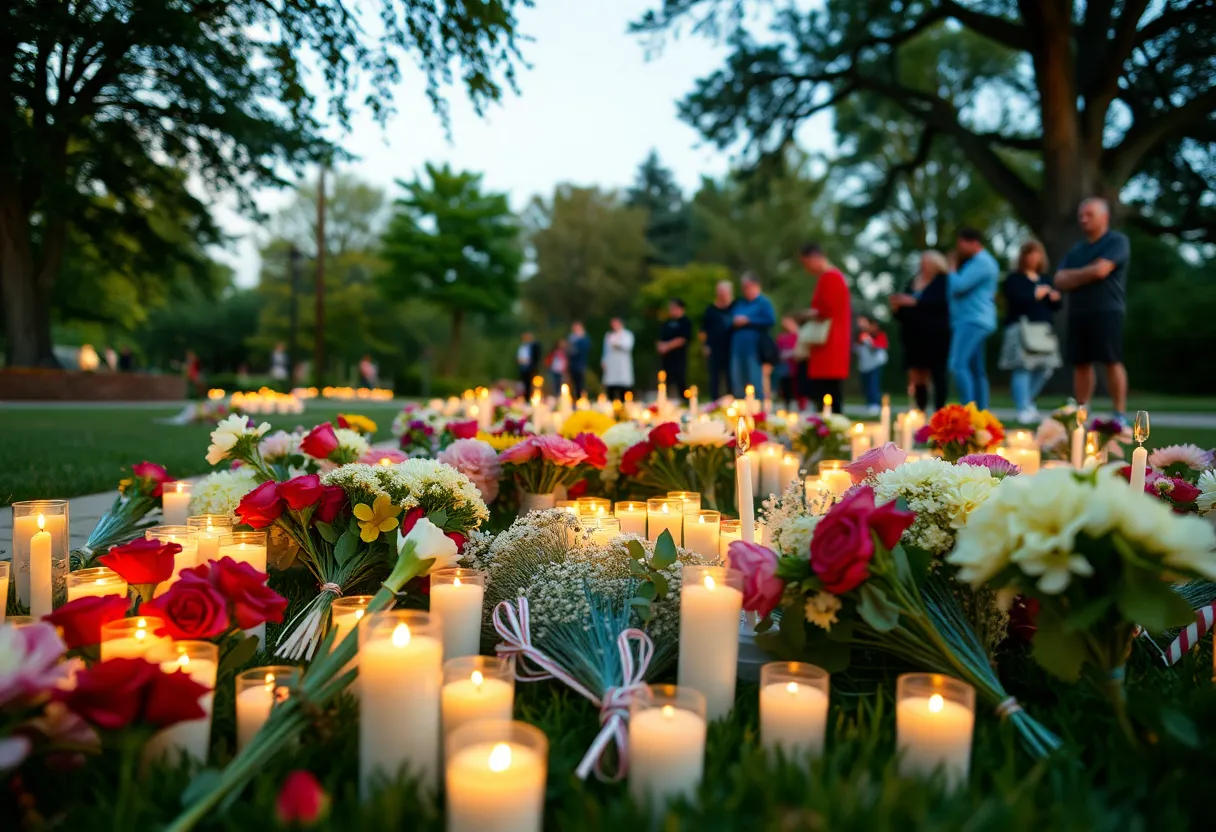 Community members gathered in a park to remember beloved residents with flowers and candles.