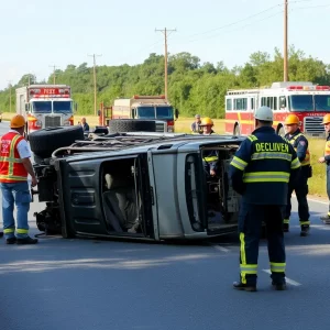 An overturned vehicle on Memphis Junction Road with emergency responders present.