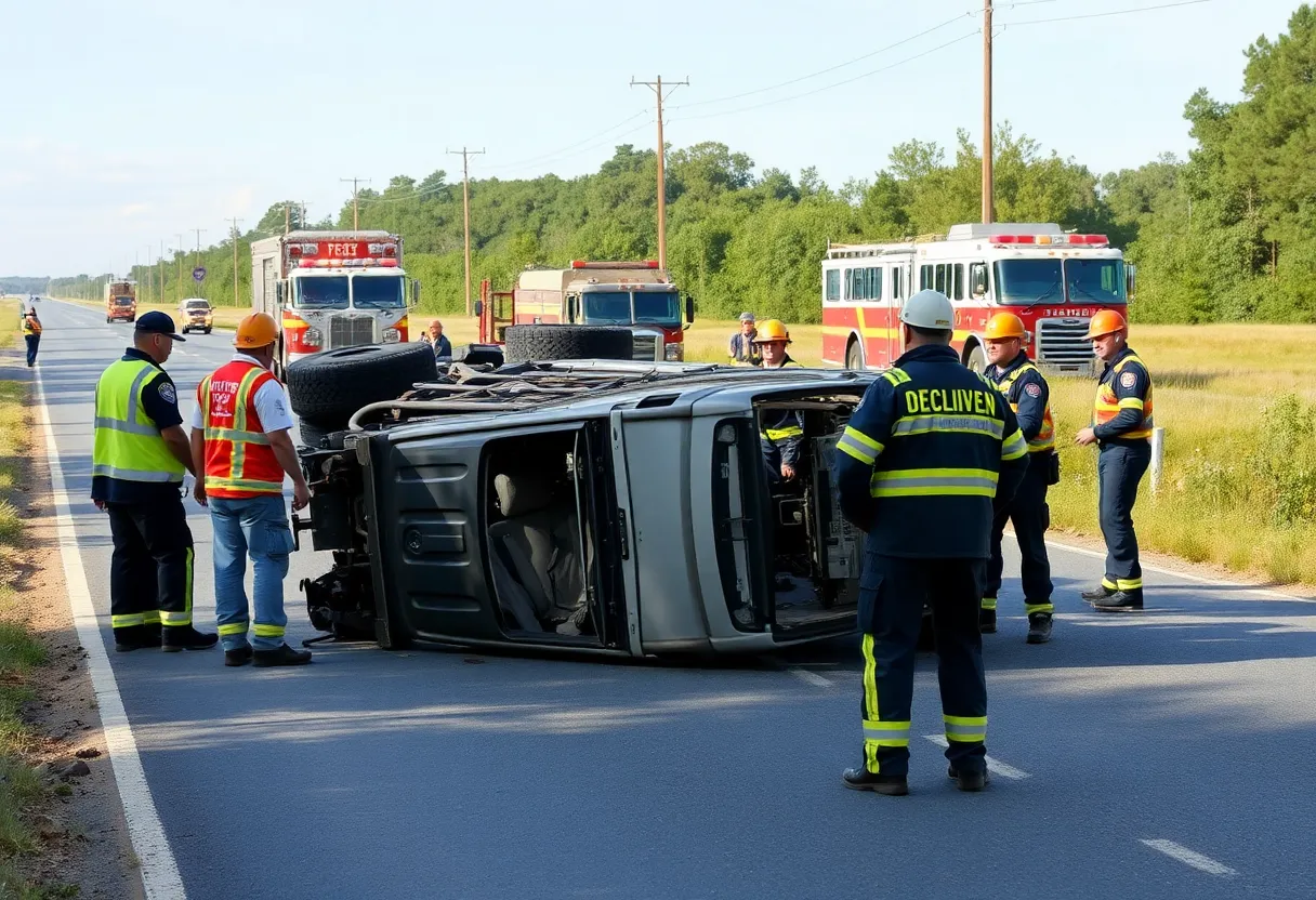 An overturned vehicle on Memphis Junction Road with emergency responders present.